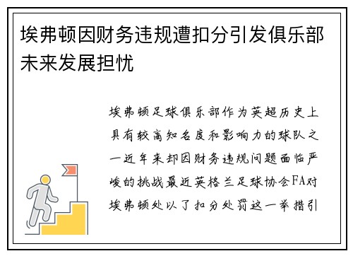 埃弗顿因财务违规遭扣分引发俱乐部未来发展担忧 埃弗顿因财务违规遭扣分引发俱乐部未来发展担忧